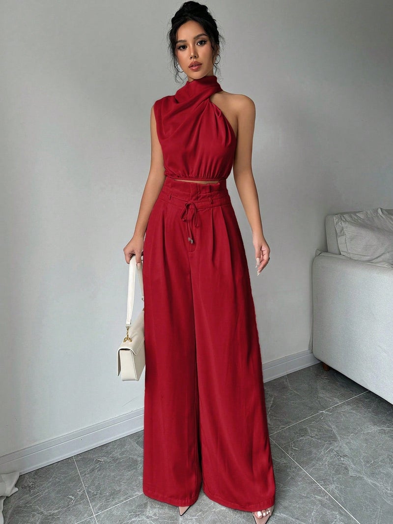 OUTZIDR Red Asymmetrical High Neck Top with Wide Straight Pant Co-Ord Set - Image 1